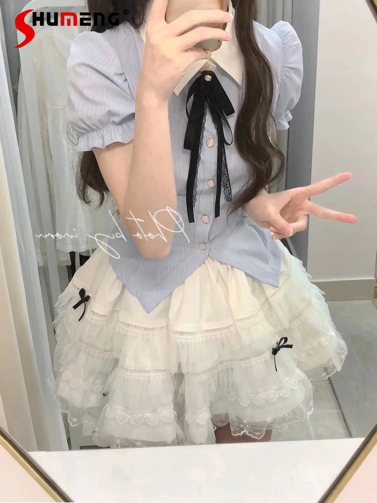 

Sweet Preppy Style JK Uniform Suit Polo Collar Bow Puff Sleeve Shirt High Waist Tiered Mini Skirt Two-Piece Set for Women Summer