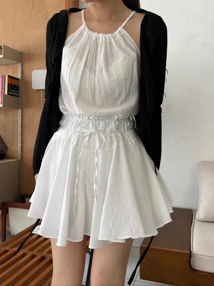 Haut court Sexy et polyvalent pour femmes, avec cordon de serrage, bourgeon de fleur, jupe taille haute, ensemble assorti