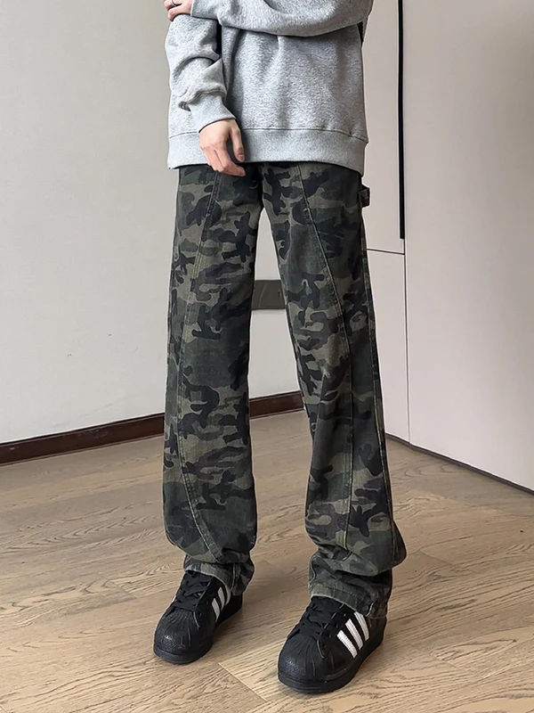 

Camouflage Workwear Jeans Men's Autumn Winter Fleece Wide Leg Sports Pants American High Street Loose Straight Casual Long Tr...