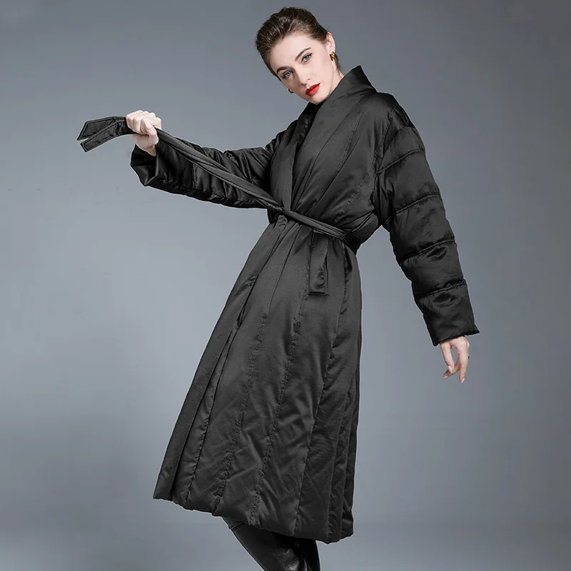 Luxury High Quality 90 White Duck Down Long Trench Coat Belted Winter Warm Women's Coat Slim Down Jacket Quilted Trend Outerwear