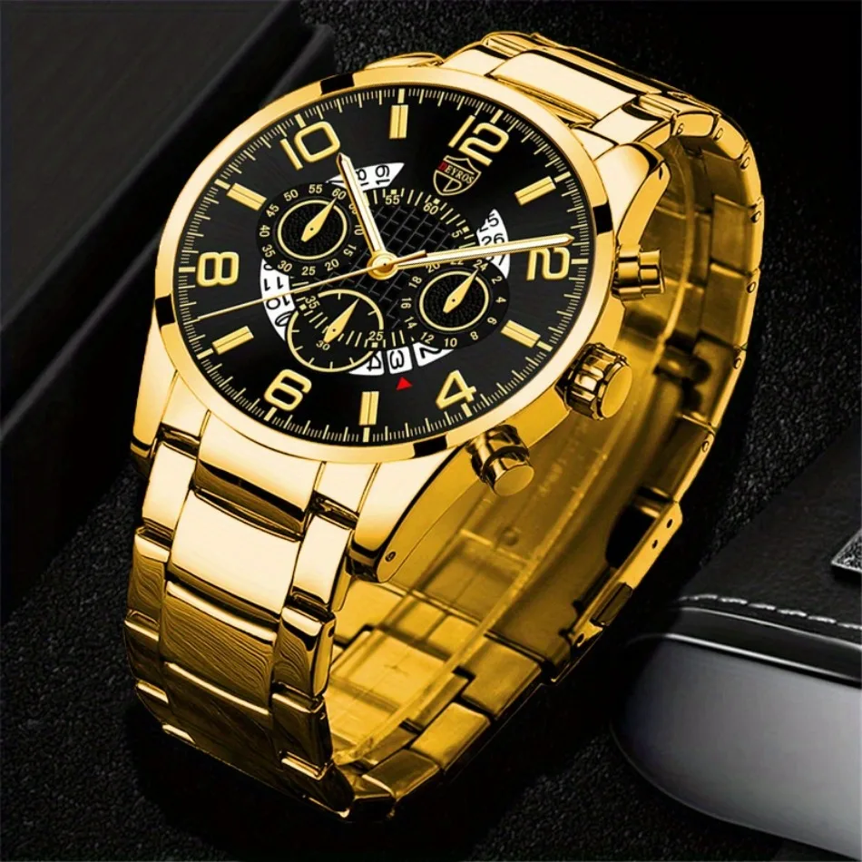 5 P/Set Golden Business Casual Moda Acero Inoxidable Reloj de Cuarzo para Hombre, Conjunto de Reloj Dorado Regalos para Hombres