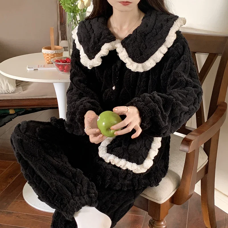 Coral Fleece Pajama Sets Women Winter Thicken Plus Velvet Warm Sleepwear Panelled Cozy Girlish Pockets Casual Sweet Dormitory