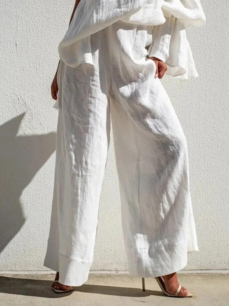Yeezzi Dames Witte Katoenmix Wijde Pijpen Broek Hoge Taille Losse Elasticiteit Effen Kleur Split-Joint Casual Broek Bodems