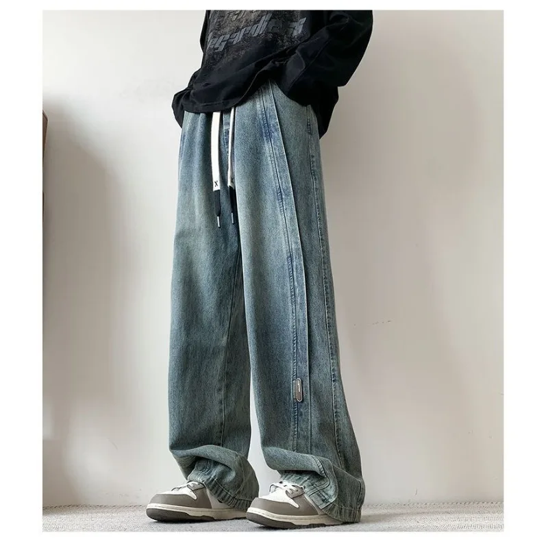 

Мужские осенние и зимние джинсы с флисом в стиле ретро, американские прямые свободные и модные брюки, повседневные универсальные утягивающие длинные брюки