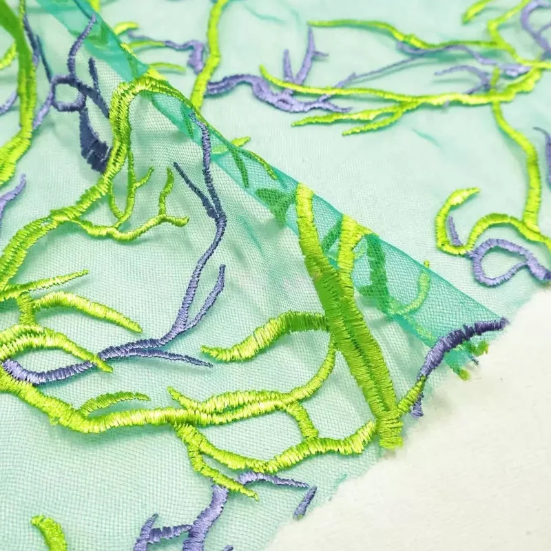 

Sheer Green Color Block Coral Embroidery Tulle Net Fabric Designer Dress Gown Fashion Elegant Handmade DIY Home Sewing Material