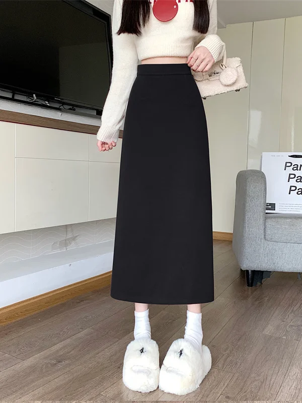 

Женская зимняя юбка А-силуэта с высокой талией, новинка 2026 года, винтажная, с разрезом, облегающая, стройнящая, черная шерстяная миди-юбка с высокой талией