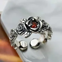 Vintage Silver Color Red Zircon Rose Flower Couple Ring Bohemian Retro Metal Ring Female Opening Ring Christmas Gifts Кольцо