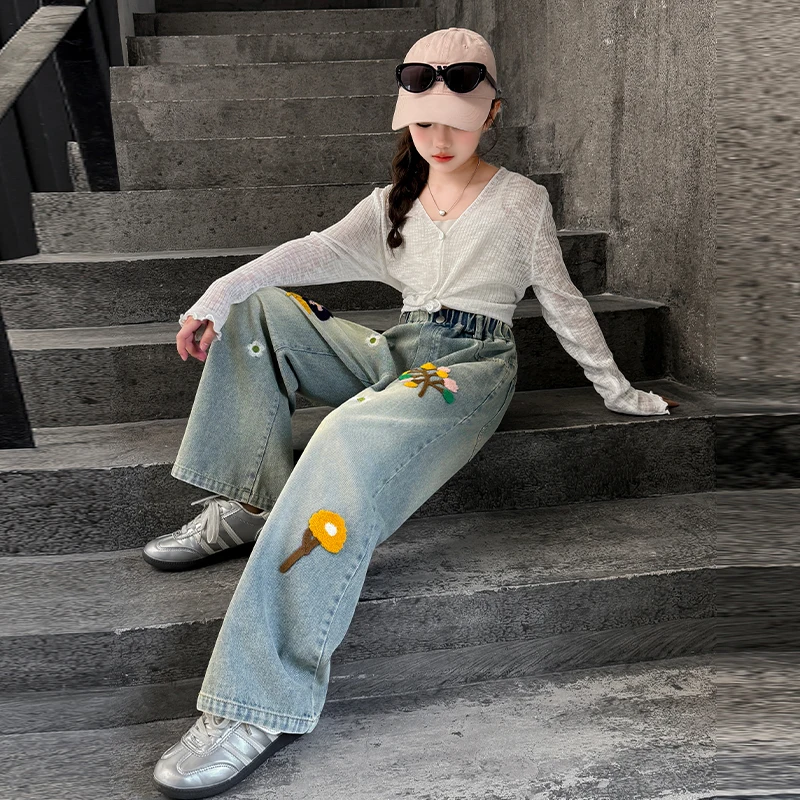 

2025Autumn Children's Embroidered Jeans Winter Flower Girl's New Embroidered Green Plant Environmental Pants Student CampusPants