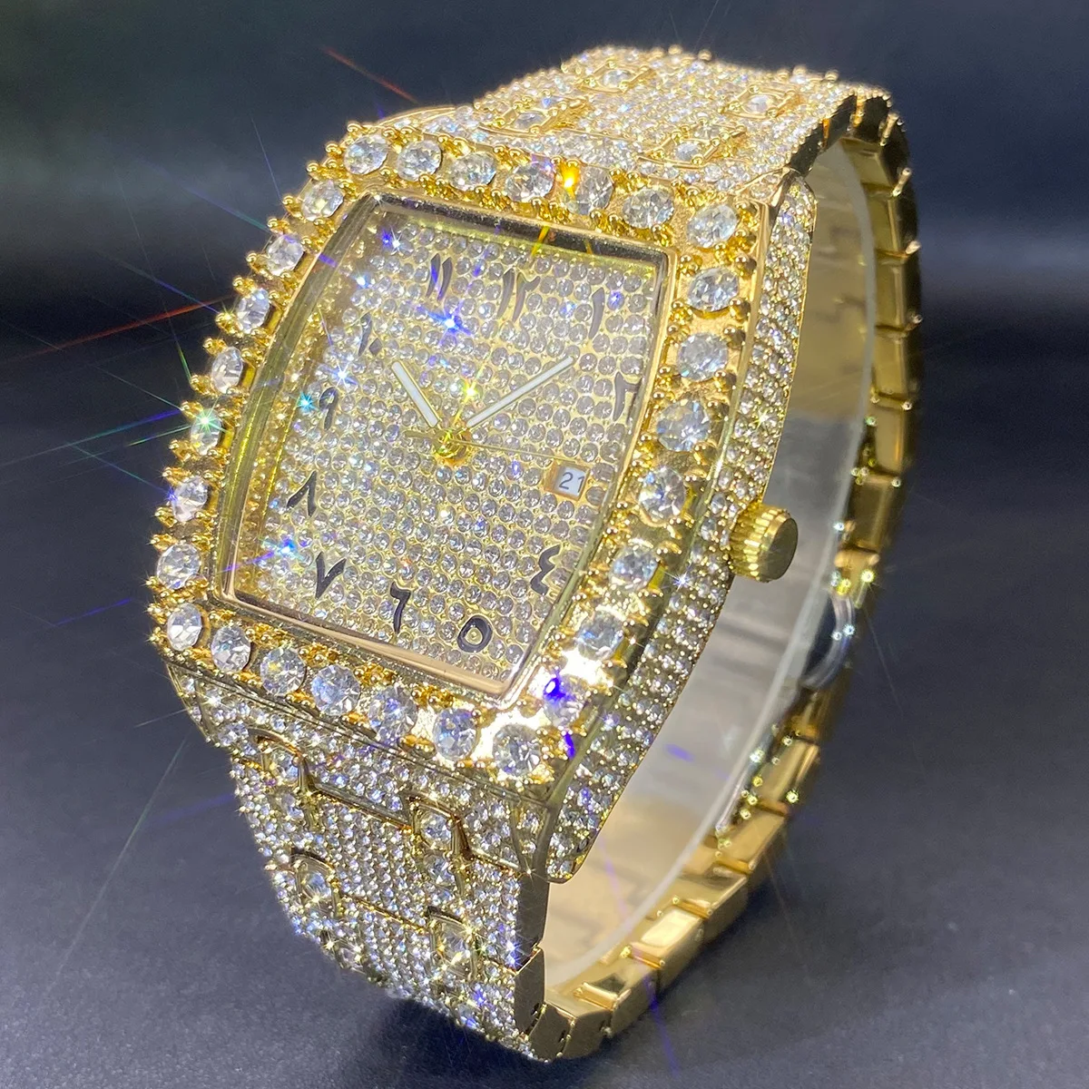 Tonneau Big Gold Armbanduhr Hip-Hop Atemberaubende Vollstein-Quarzuhren für Herren Silber Schwarz 3 Farben Schmuck Modeuhr