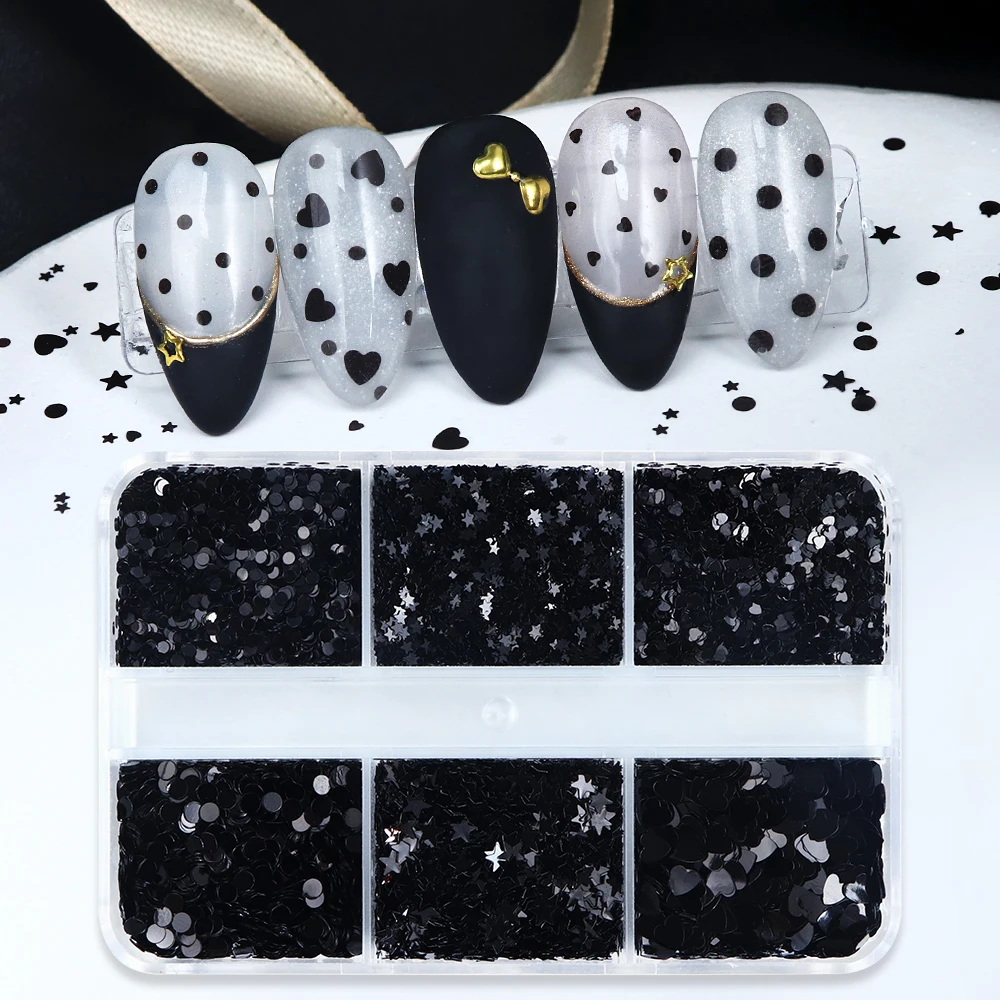 อุปกรณ์ตกแต่งเล็บแบบกลิตเตอร์สีดำขนาดเล็ก รูปหัวใจ ดาว วงกลม สำหรับทำเล็บสไตล์ดาร์ก DIY