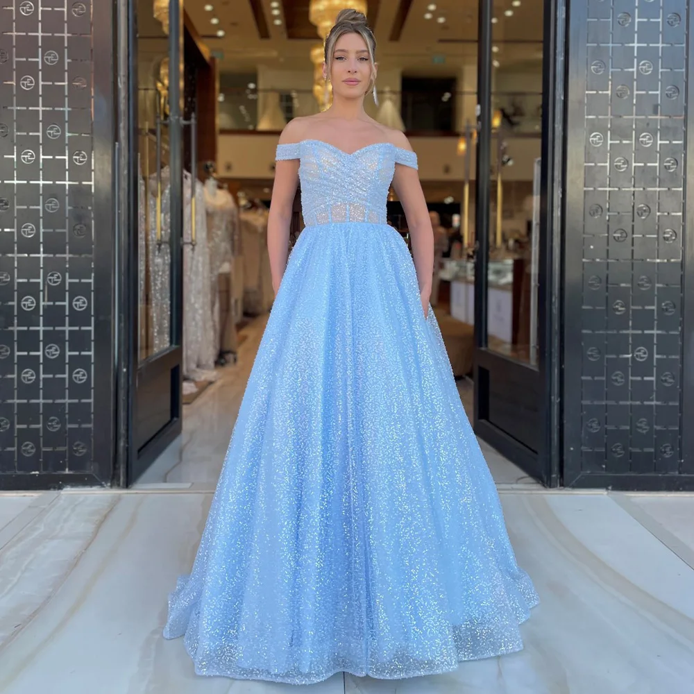 Glitter Sequined Prom Dress Luxury Off the Shoulder A Line  Homecoming  for Youth 2023 Sky Blue Graduation Gowns Long