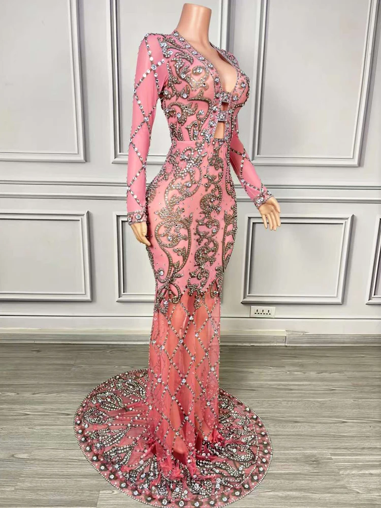 Luxury Women Floor Length Evening Prom Party Dress Crystal Wedding Photoshoot Dress Elastic Mesh Sing Stage Performance Costume