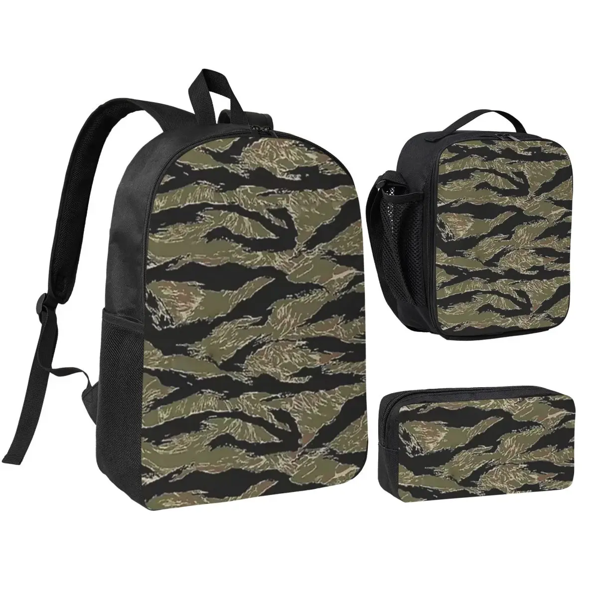 

US Army Camouflage Tiger Stripe Backpack Boys Girls BookBag School Bag Shoulder Bags 3ps Insulated Lunch Bag Pencil Case