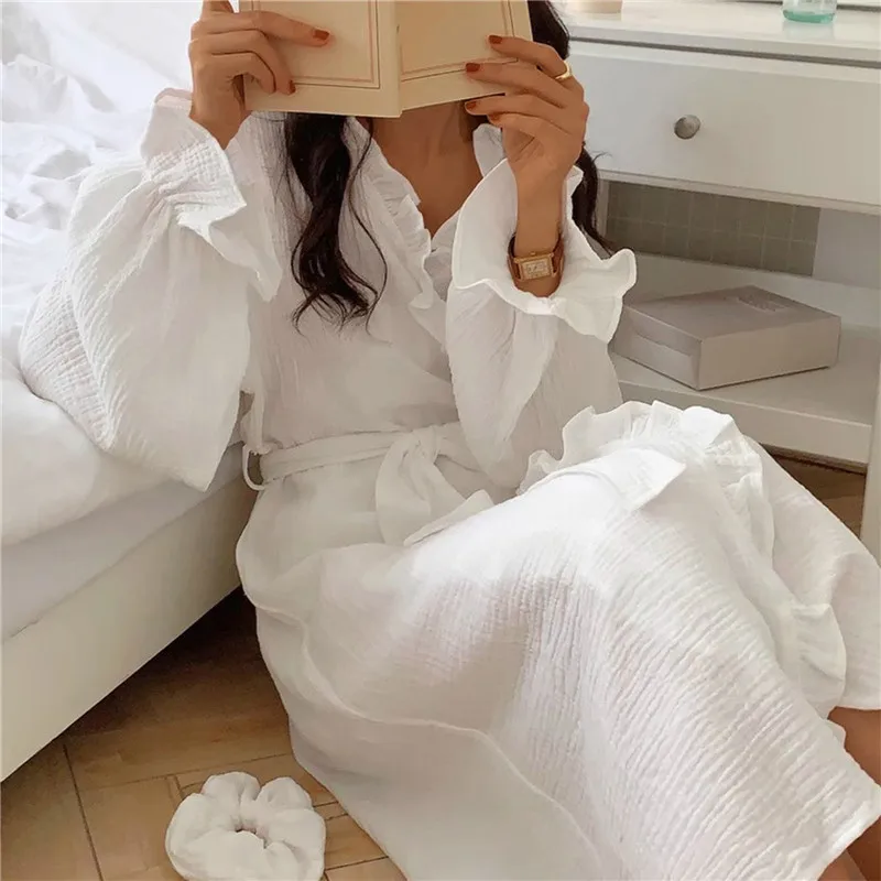 Spring Summer Korean Nightgowns For Women Long Sleeved Nightwear Female Lace Sexy Sleepwear Home Clothes Silk Cotton Night Robe