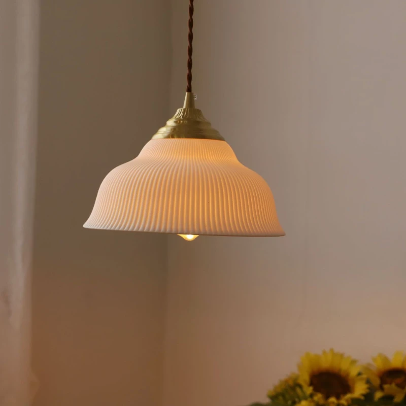 Zen Retro Ceramic Pendent Lamp, Nordic Brass Japanese-style Lighting Fixture for Dining Room Tea Room Bedroom Bedside Entrance