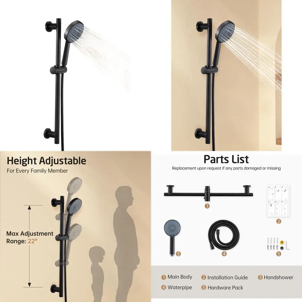 

5-Function Matte Black Handheld Shower Head with Adjustable Slide Bar and Hose Kit, F204-BK-C1