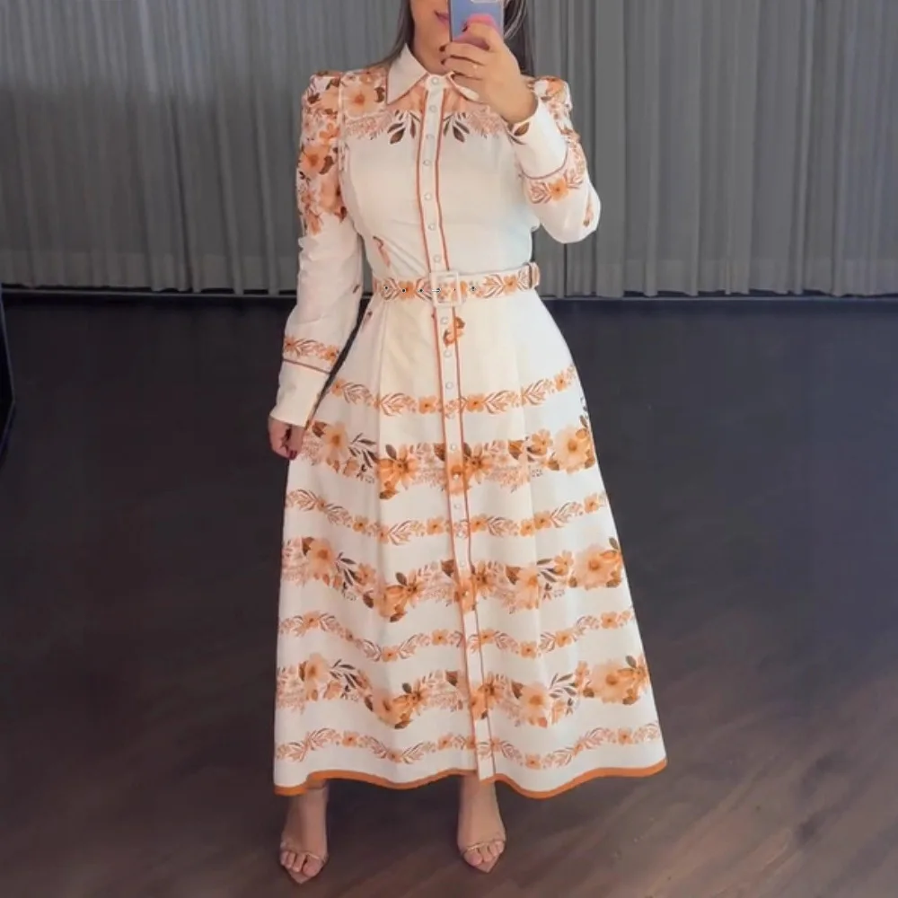 Women Floral Placement Print Turn-down Collar Puff Sleeve Vacation Dress Casual Button Down Shirt Dress With Belt and Lining