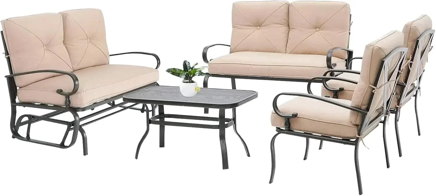 

Наборы металлической мебели для улицы из 5 предметов, набор для бесед в патио, планер из кованого железа, 2 одиночных стула, двухместный диван и журнальный столик