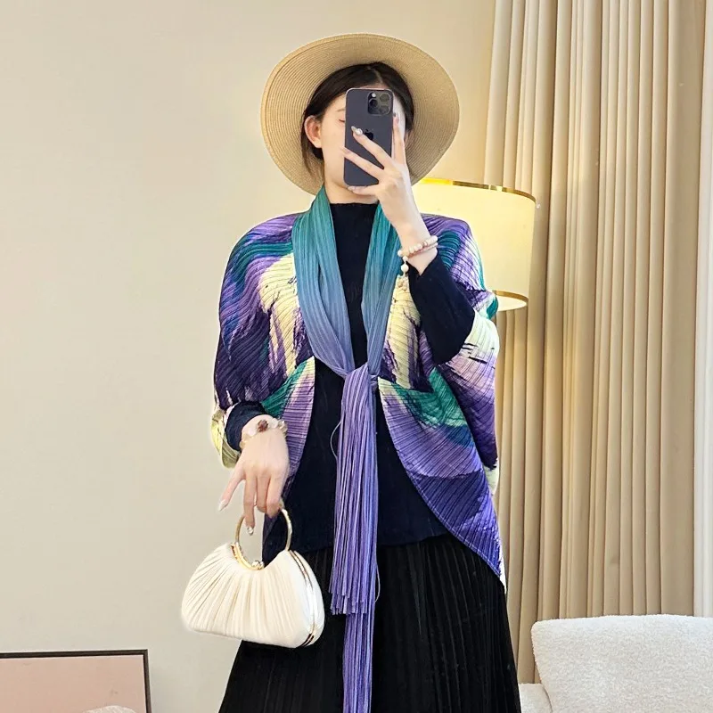 

Miyake Pleated Bat Sleeve Shawl Women's French Tie Outer Thin Printed Square Scarf Outer Cloak Headband Wrinkle-Free Pleat Top