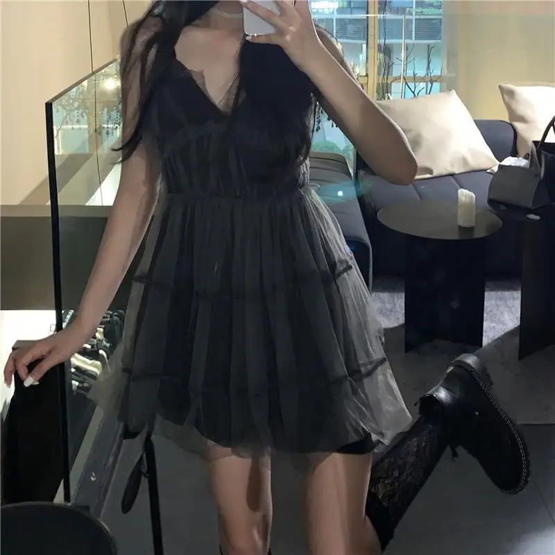 

HOUZHOU Sexy Gothic Woman Dresses Mini V-neck Black Short Sleeveless Dress Mesh Hotsweet Vintage One-piece Party Dress Summer