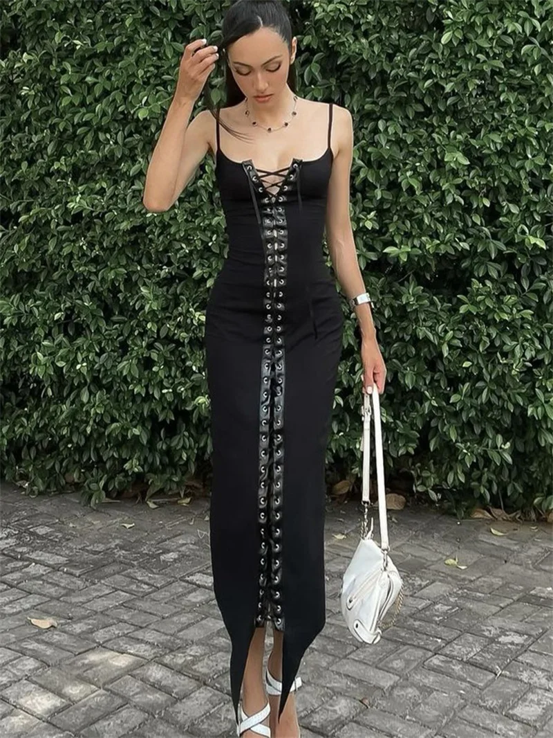 Pure Black Sexy Strap Splicing Chicken Eye Buckle Suspender Evening Dress Fashionable Low Cut Party Gown Irregular Slit Party