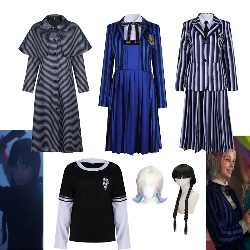 

2025 Wednesday Enid Costume Set Anime Season 2 Cosplay Gothic Clothing Wig Halloween Party Dress Up Suit Striped School Uniform