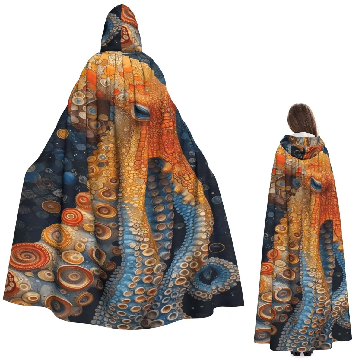 

Осьминог в витраже, длинный плащ с капюшоном, средневековый костюм ведьмы, накидка для косплея, Хэллоуин, вечеринка для взрослых, унисекс