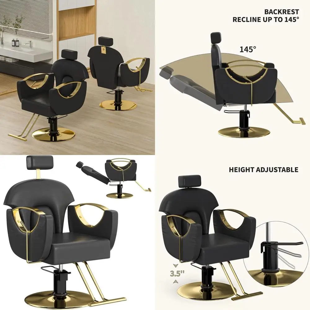 

Luxury Black & Gold Barber Chair with Adjustable Recline for Stylists, Home Salon Use, Hydraulic Height Control & 360° Swivel