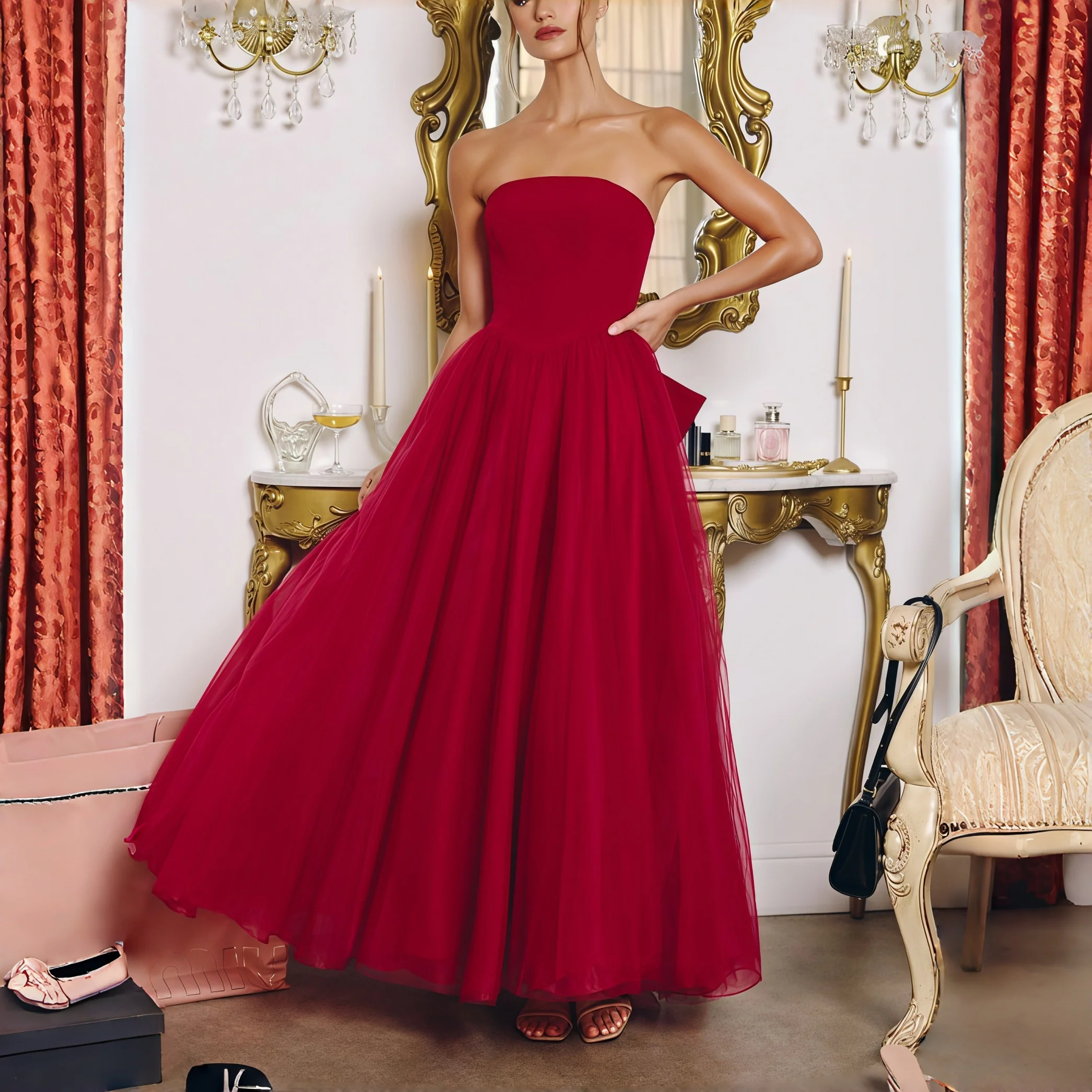 Evening Tulle Maxi Dress Strapless Satin Bodice Voluminous A-Line Skirt Cocktail Party Bridesmaid Wedding Guest Prom Gown
