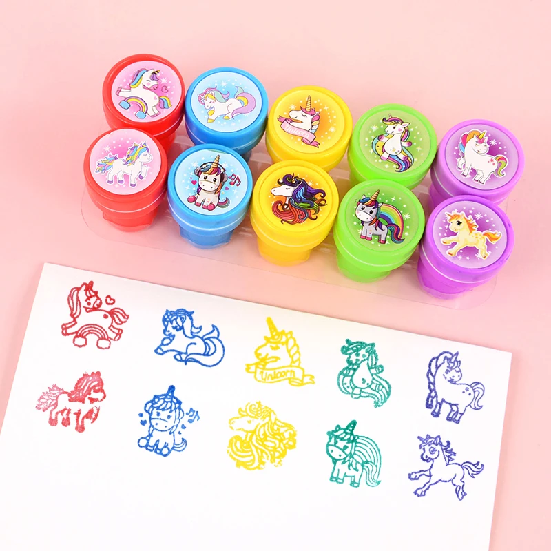 10pcs Child Stamps Cartoon Animals Unicorn Snowman Seal Set Christmas Kids Party Favors DIY Painting Self Inking Assorted Stamps