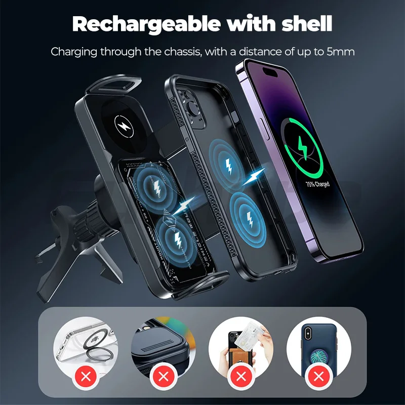 Futhope Car Air Outlet Car Phone Holder for Foldable Screen Phones 142MM-170MM 15W Wireless Charging One Click Rotation