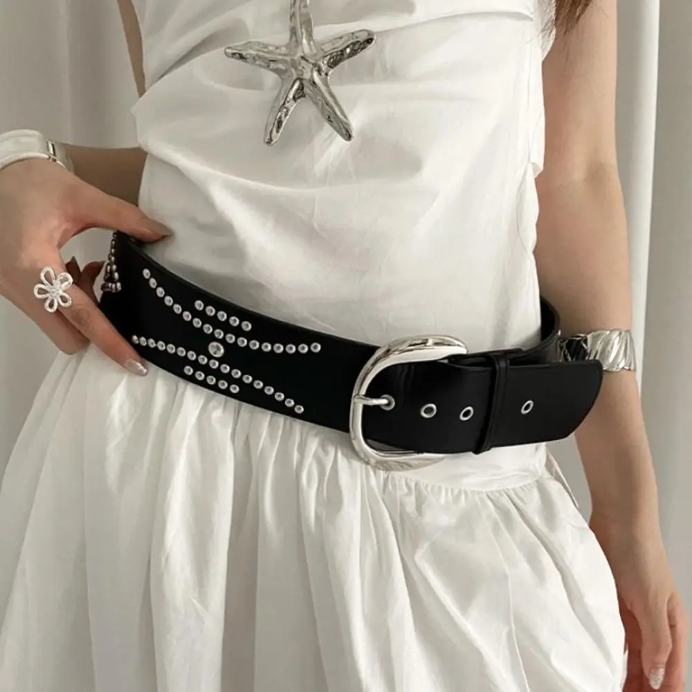 다목적 한국 여성 허리 벨트 Y2k 고딕 리벳 와이드 벨트 가죽 블랙 화이트 드레스 청바지 벨트 드레스 액세서리