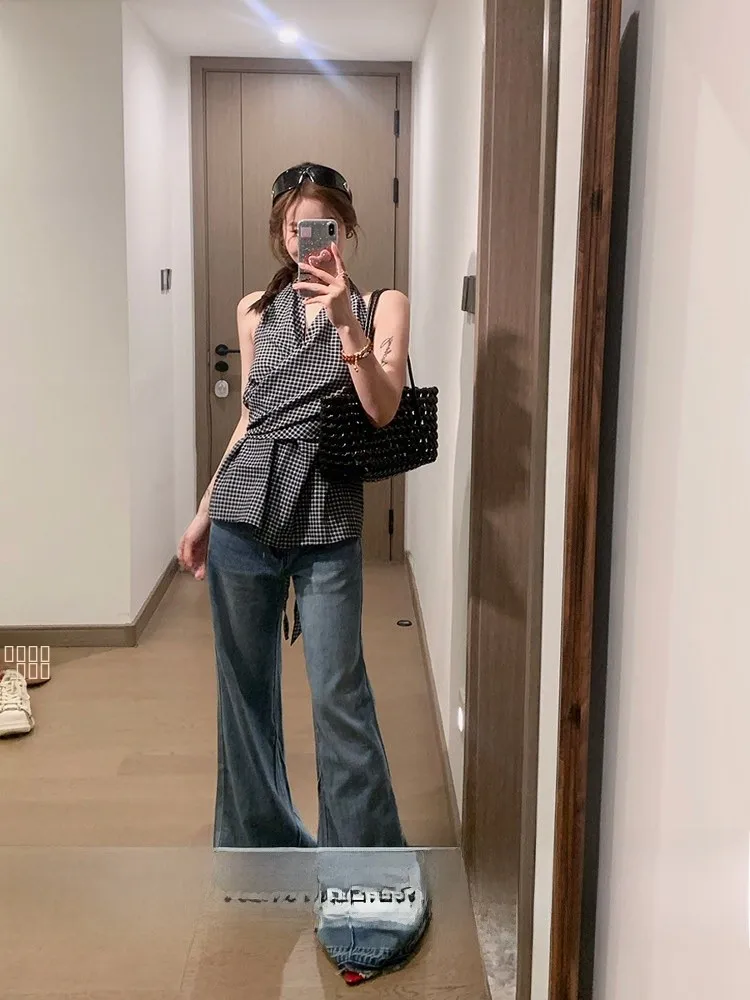 

Джинсы Lili Miss Blue винтажные, с высокой талией, прямые, широкие, в пол, повседневные, на молнии, летние