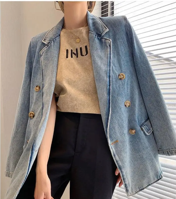 Veste longue en denim pour femmes, nouvelle veste rétro ample à double boutonnage pour costume