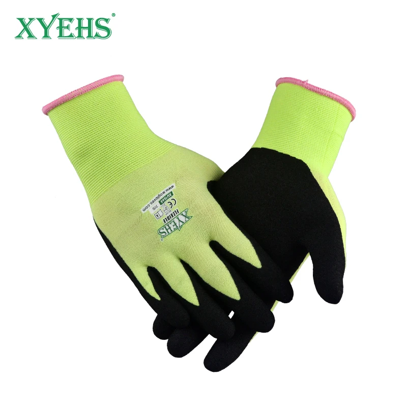 XYEHS XU1566 24Pcs/12 Pairs Hi-Vis Nitrile Palm Coating Safety Work Gloves Oil & Abrasion Resistant 18 Gauge Nylon Fine Handling