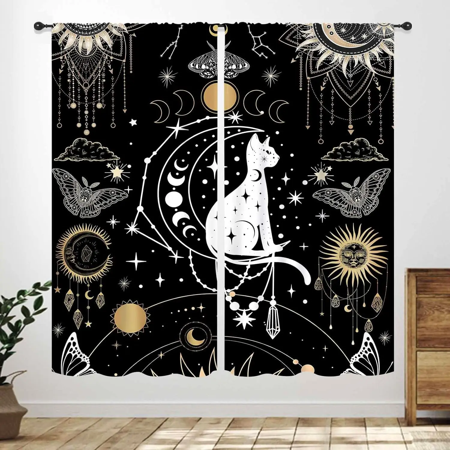Black Cat Tarot Curtains,Moon Phases Moth Witchy Mysterious Celestial Aesthetic Gothic Astrology Tarot Card Window Treatments