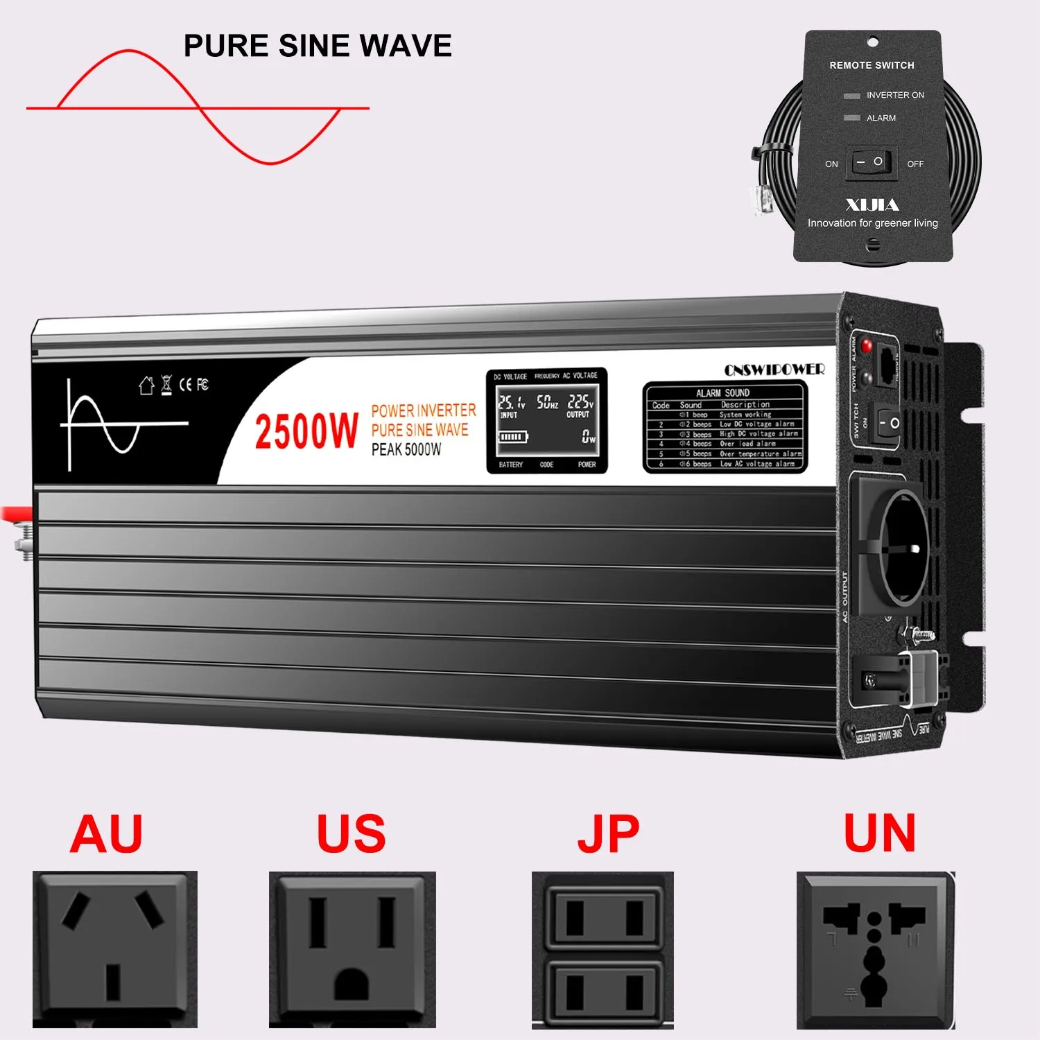 inversor de energia solar de onda senoidal pura 2500w dc 12v 24v 48v para ac 110v 220v display lcd 01