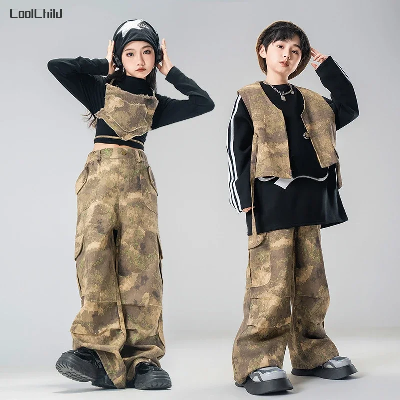 Boys Hip Hop Camouflage Vest Cargo Pants Girls Cool Street Dance Clothes Sets Kids Jazz Costumes Children Military Streetwear