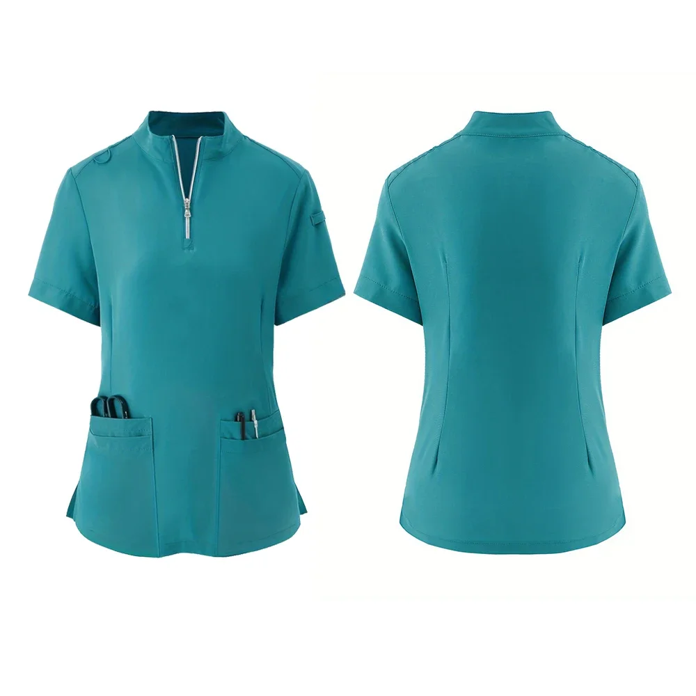 Women's 4-Pocket Zip-Neck Short Sleeve Scrub Top Nurse Uniforms Women Medical Nurses Accessories for Hospital Doctor Uniform
