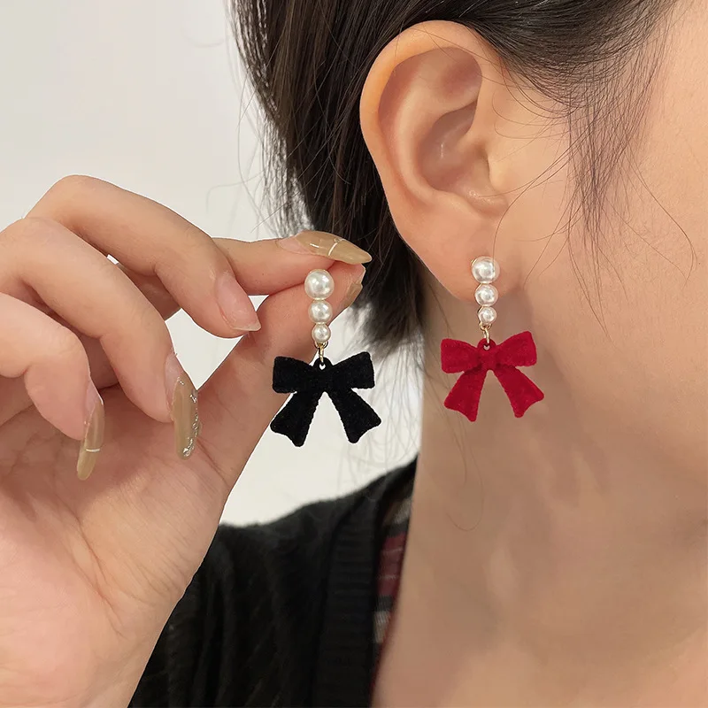 Sweet Bowknots Imitation Pearl Flocked Earrings for Women Girls Trendy Elegant Red Black Ear Accessories Jewelry earring Gift