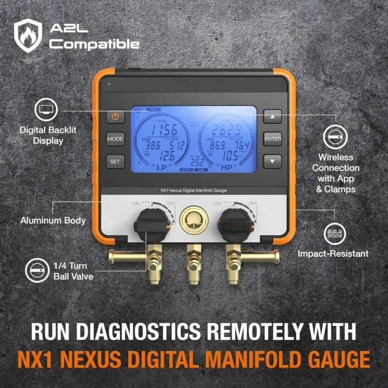 Digital Manifold Gauge Bluetooth Temperature Probes HVAC Gauge Aluminum Body Rubber Cover A2L Compatible