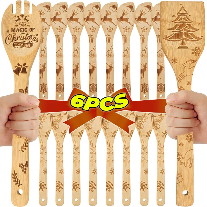 

1/6 шт. деревянная рождественская посуда Лось Санта-Клаус с принтом ложки вилки DIY с Рождеством, Новым годом вечерние украшения стола поставка
