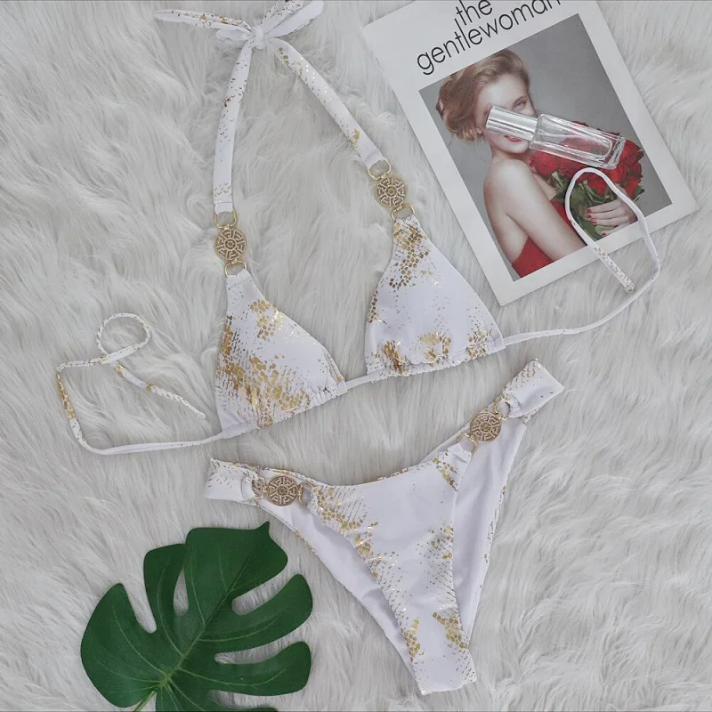 Snake Pattern Gold Stamping Bikini Crystal Diamond Metal Accessories Two-Piece Women's Swimsuit Vacation Swimwear