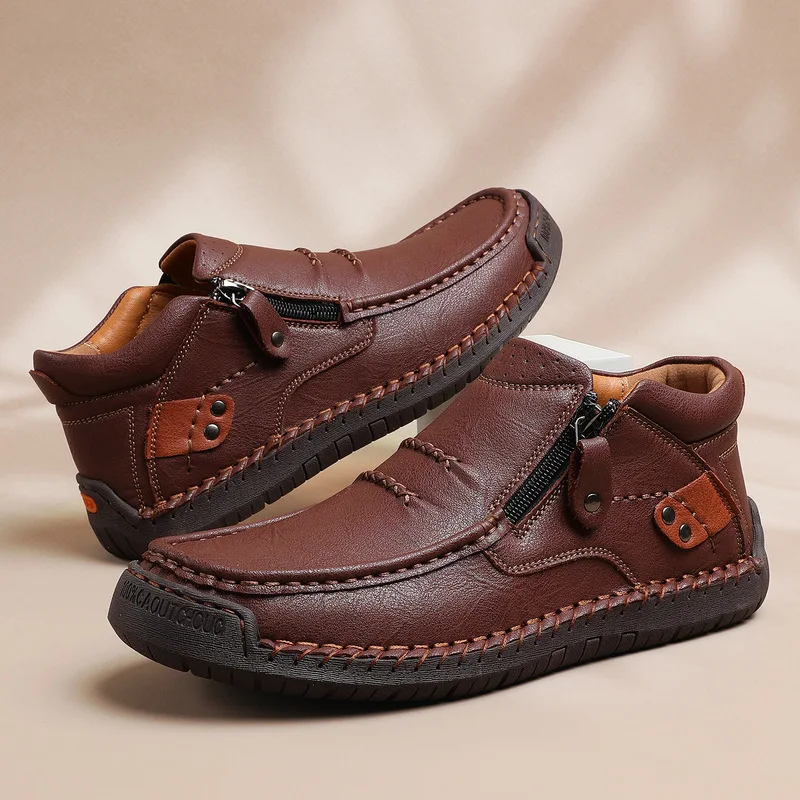 Men Wide Fit Big Size High Top Slip On Loafers Hand Sew Flat Leather Shoes Outdoor Comfort Casual Walking Shoes For Large Feet M