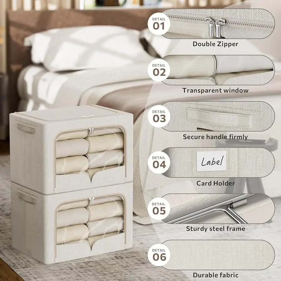 

3 Pack Clothes Storage Bins Foldable Metal Frame Storage Box Stackable Linen Fabric Organizer Set with Carrying Handles and Clea