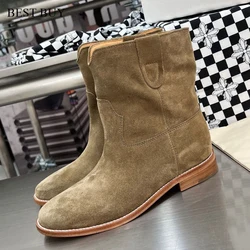 Real suede Leather Woman Boots 2024 Winter New Solid Designer Catwalk flat Ankle Boots Black/brown Round Toe Fashion Shoes