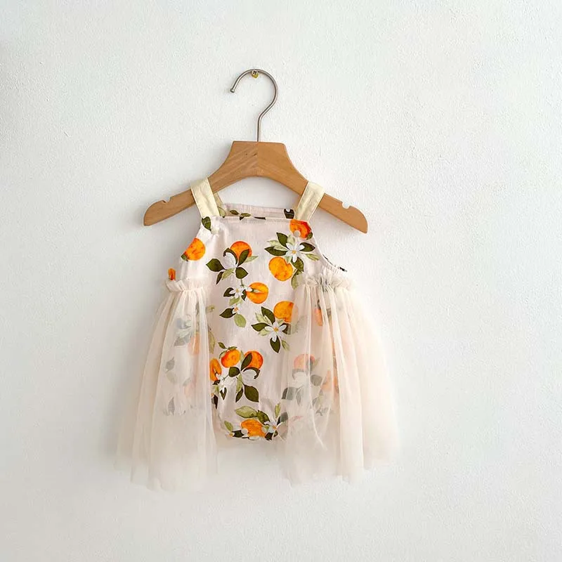 2024 Summer New Baby Girl Flowers And Peaches Romper Newborn Fashion Gauze Bodysuit Girls Sleeveless Square Neck Jumpsuit 0-2Y