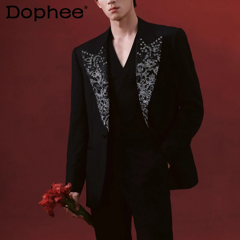 

2025 Men's Autumn New Fashion Tailored Coats Handmade Collar Diamond-Studded Suit Jackets Men's High-End Stylish Blazer Jackets