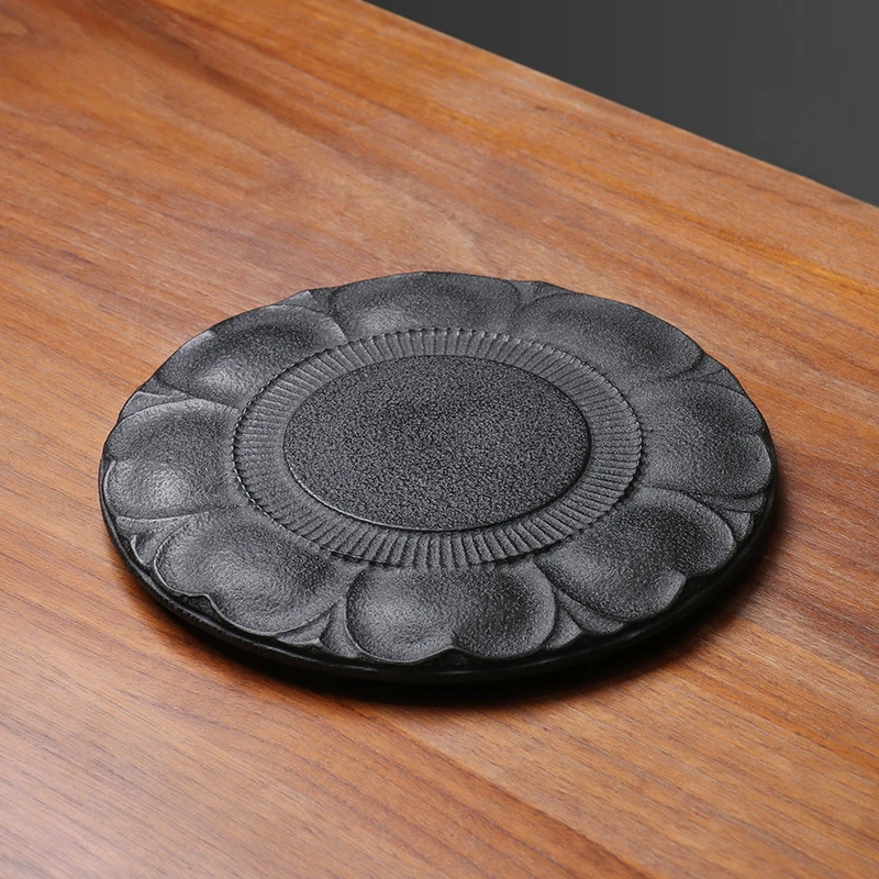 Black Basalt Coasters Premium Hand Carved Lotus Pattern Heat Resistant Oriental Zen Home Office Tea Ceremony Luxury Gift 20cm