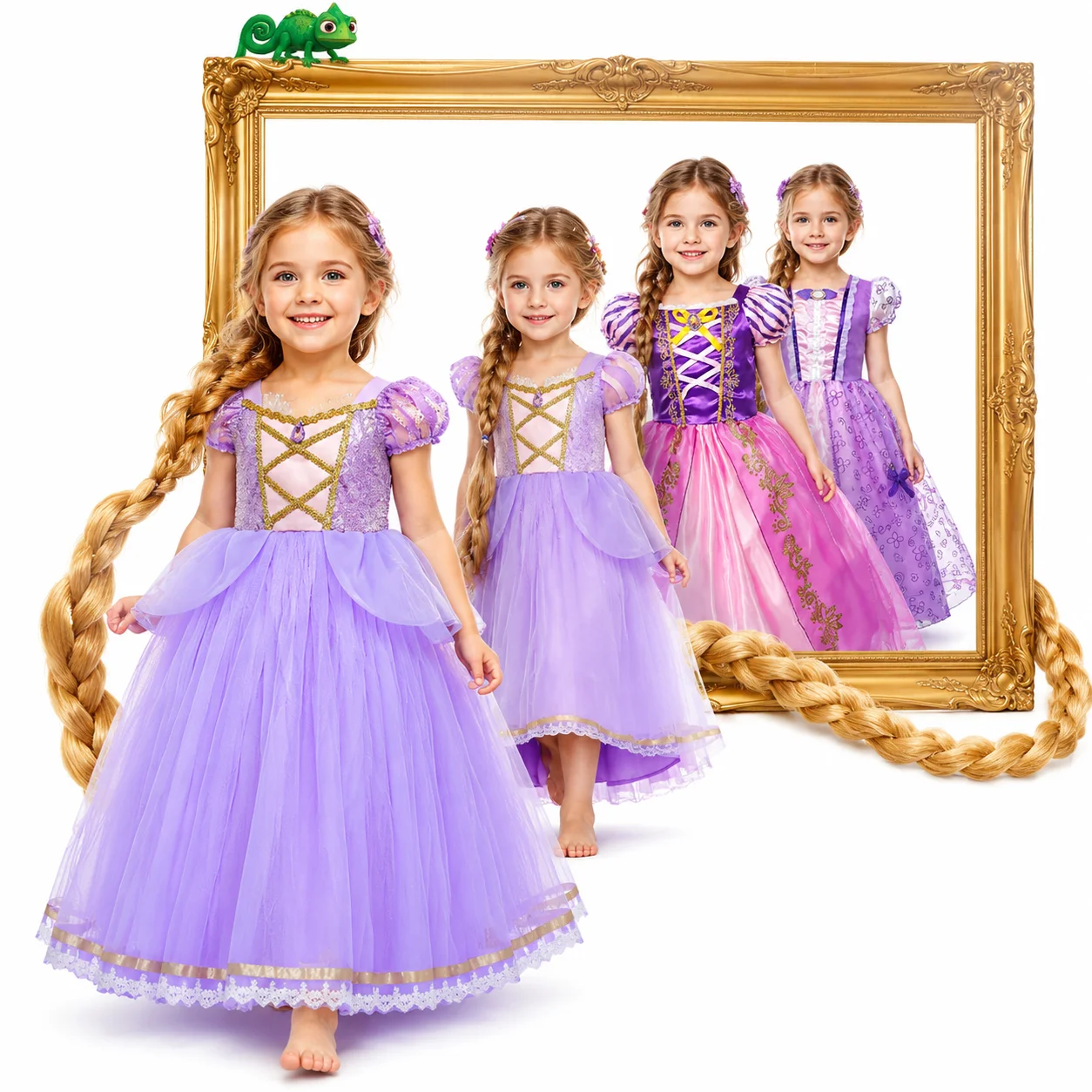 Muababy Rapunzel Tangled Princess Dress Costume Set for Girls Halloween Birthday Christmas Party Outfit Kids 2-10Y Vestido